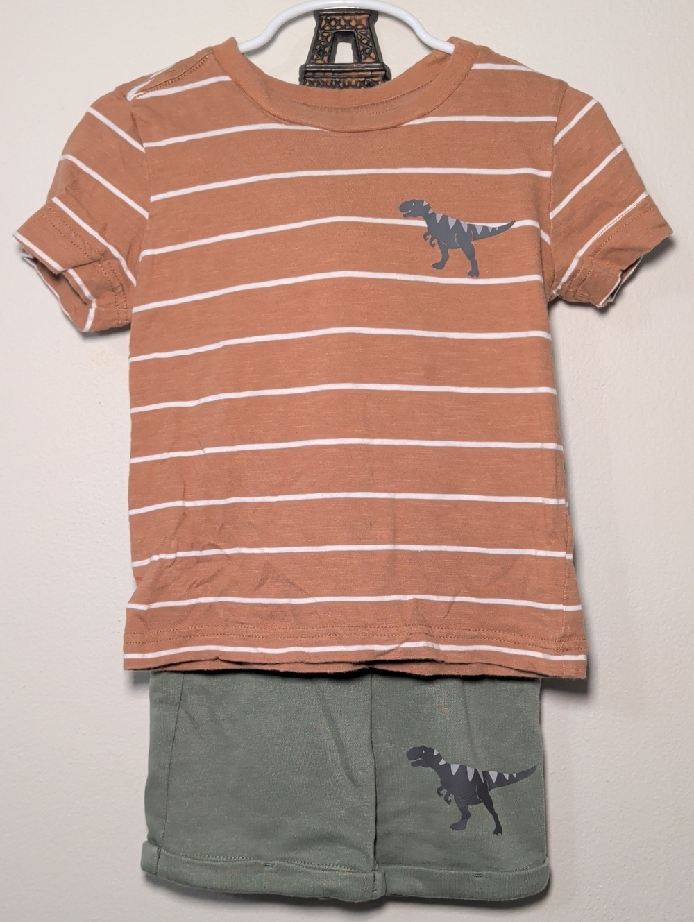 Pekkle Dinosaur Short Set Striped Rust & White Tee + Olive Dino Shorts Size 3T